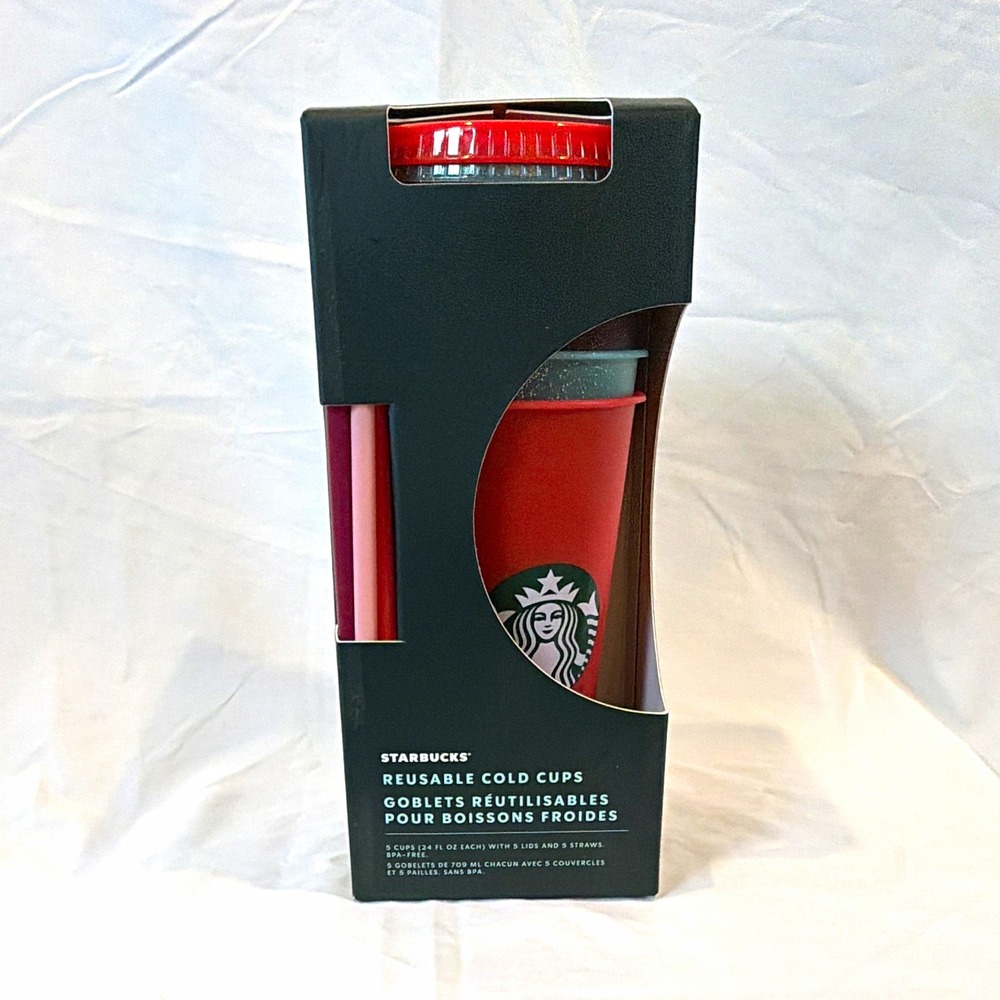 Starbucks Holiday 2020 Reusable Glitter Cold Cups 5-Pack 24oz Lids Straws NIB